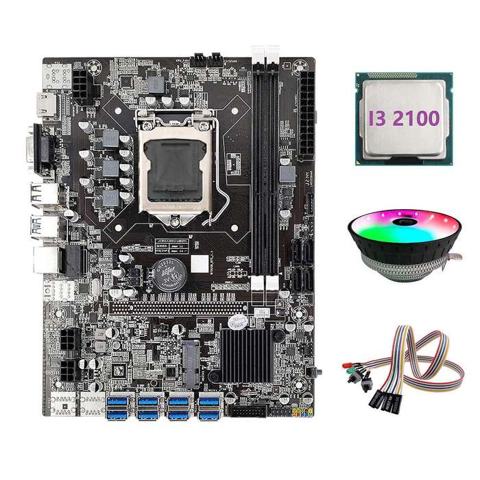 B75 Eth Mining Motherboard 8xpcie to Usb+i3 2100 Cpu+with Light