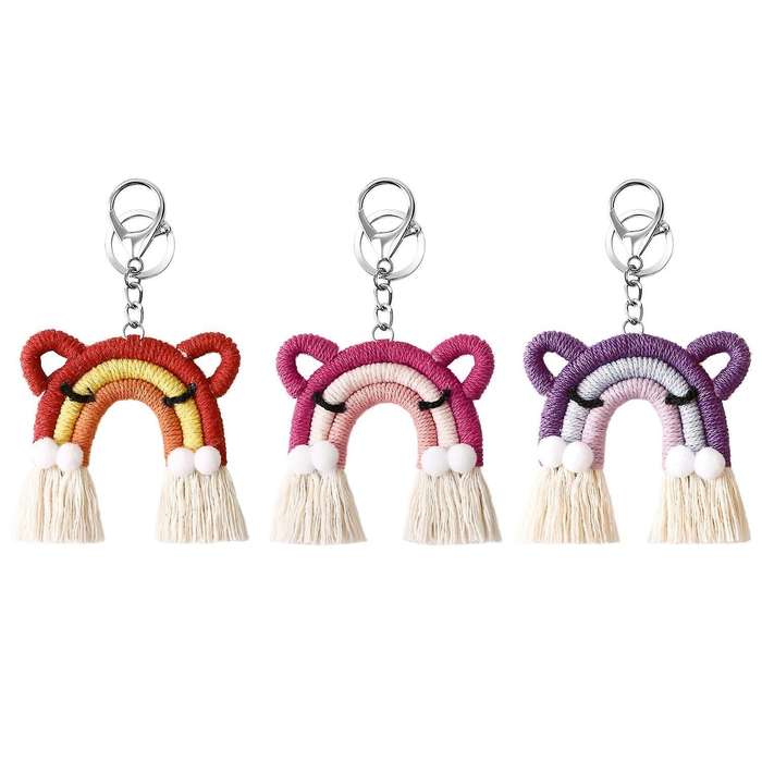 3 Pcs Cute Cat Rainbow Keychains Macrame Weaving Tassel for Women