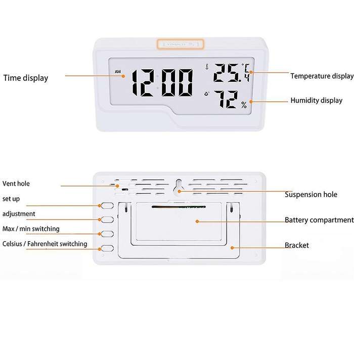 Hygrometer Digital Temperature Time Clock Humidity Meter Backlight