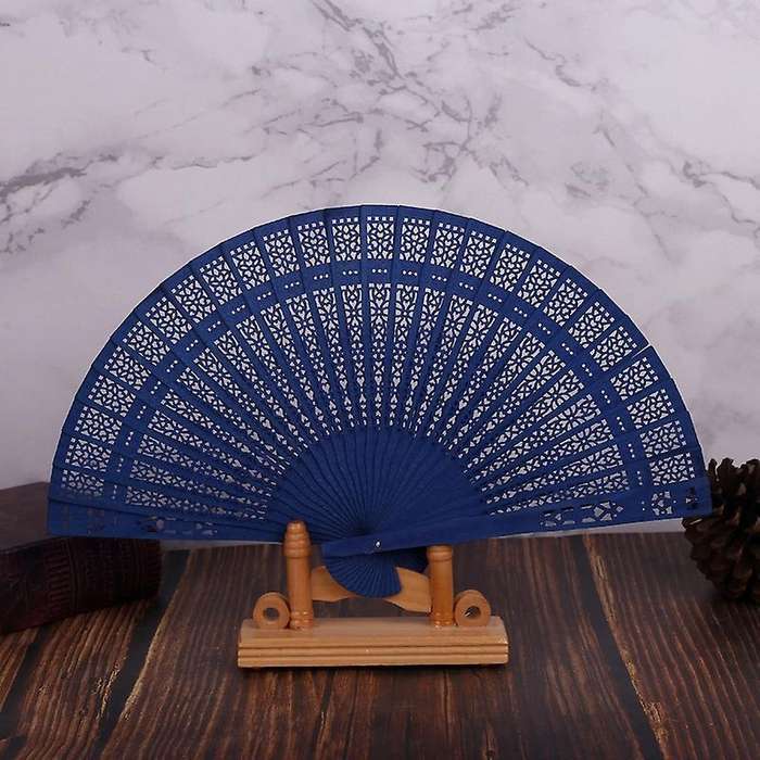 8 Inch Folding Original Wooden Hand Flower Bamboo Pocket Fan-blue