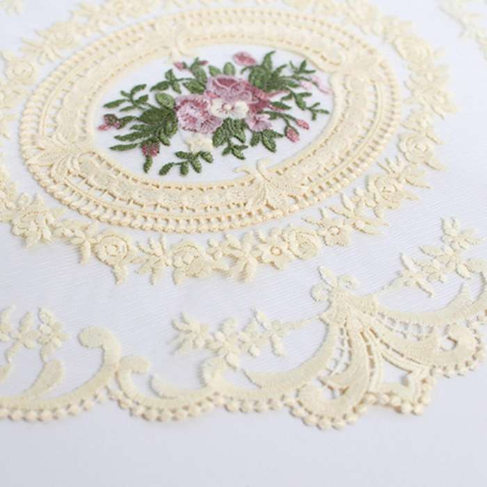2x European Oval Embroidered Lace Fabric Transparent Table Mat Beige