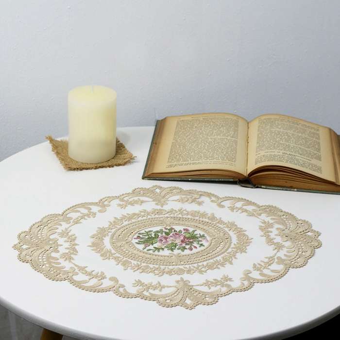 2x European Oval Embroidered Lace Fabric Transparent Table Mat Beige