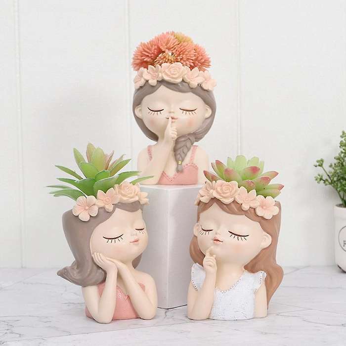 Cartoon Girl Desktop Succulent Plant Potted Flower Pot,11 X 7 X 7cm