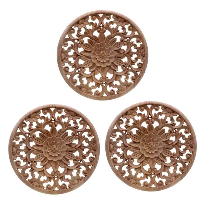 3x Carved Flower Carving Round Wood Appliques Figurine