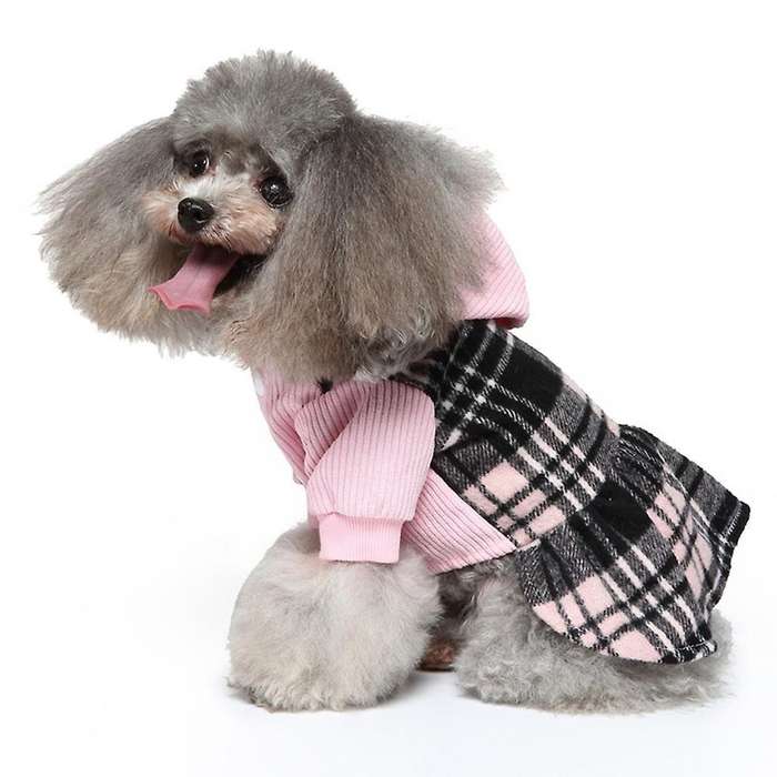 Plaid Dog Hoodie Dress Skirt Outfits with Hat Fall and Winter Pet -l