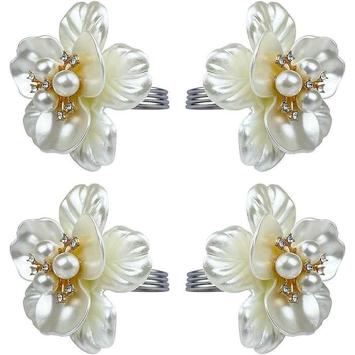 Pearl Flower Napkin Rings Set Of 6, for Wedding Birthday Party Dining