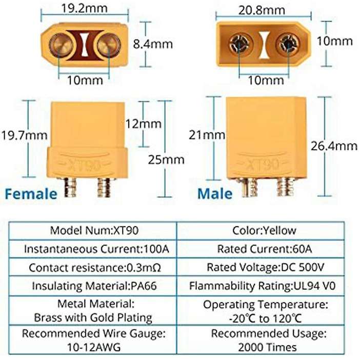 Xt90 Connector 5 Pairs Male for High-amp Rc Lipo Battery Gold Plated