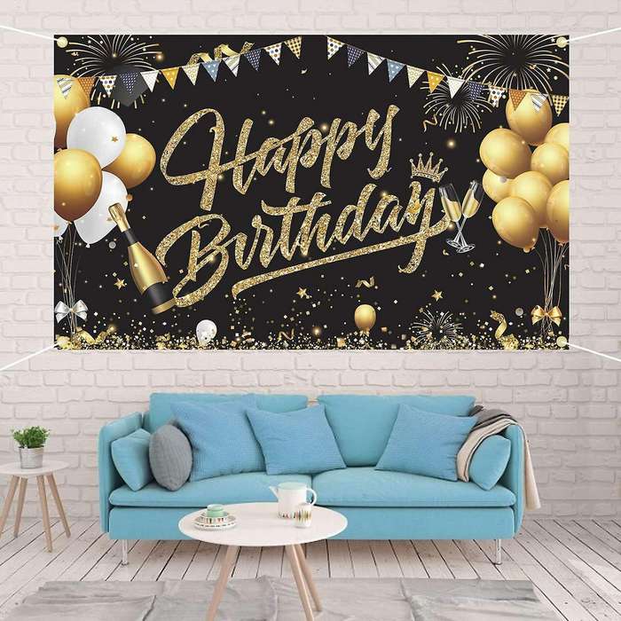 Birthday Backdrop Banner Black Gold Backdrop Sign Decoration Set