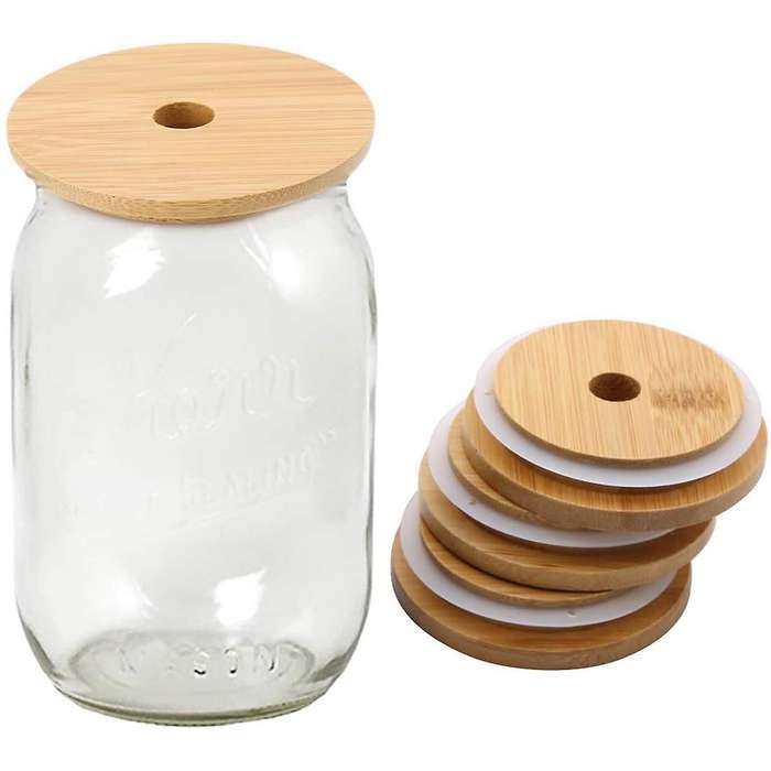 Bamboo Mason Bottle Caps with Holes,for 70mm Mouth Mason Jars 4pcs