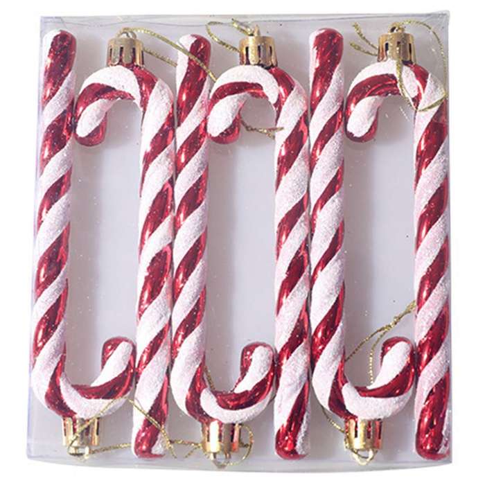 6pcs Christmas Tree Decoration Plastic Candy Cane Pendant, Red