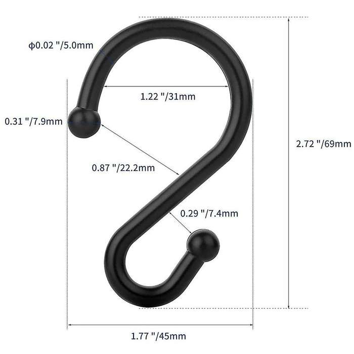 Set Of 12 Rings,s Shaped Hooks Hangers for Shower Curtains,(black)