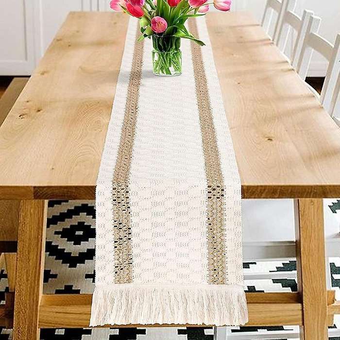 Macrame Table Runner, Cream Beige Boho Table Runner with Tassels