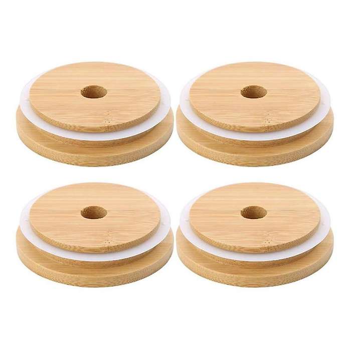 4pcs Bamboo Mason Jar Lids with Hole Wooden Lids for Storage Jars