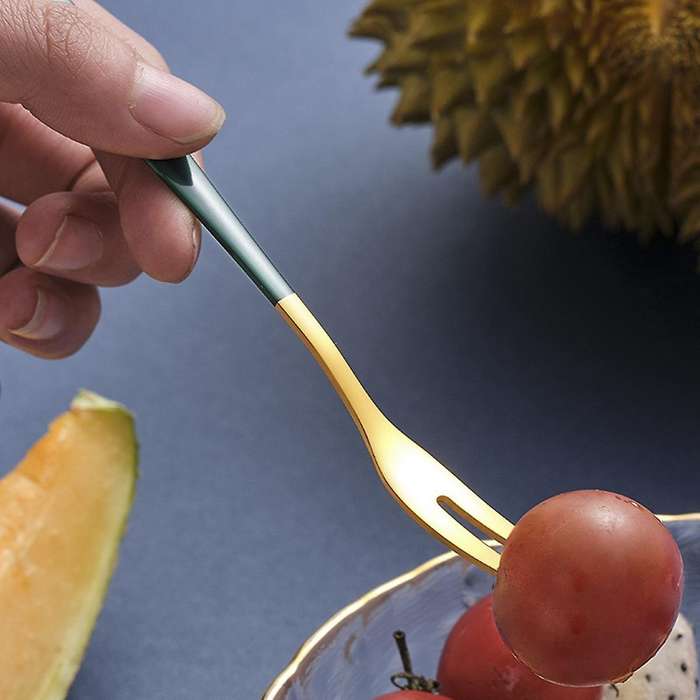 5pieces Of 5inch Stainless Steel Fruit Fork Two Tooth Fork Dark Green