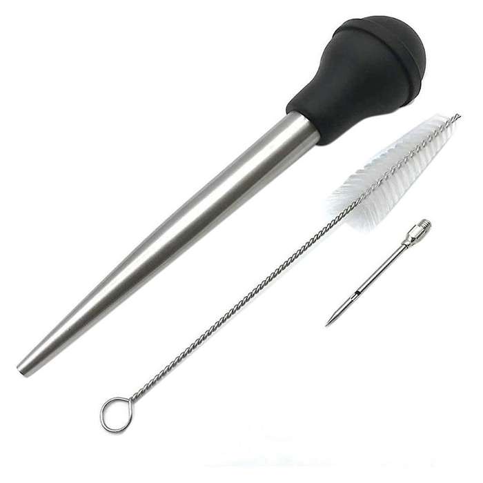 Baster Syringe, Baster with Brush and Needles, Stainless Steel, Black