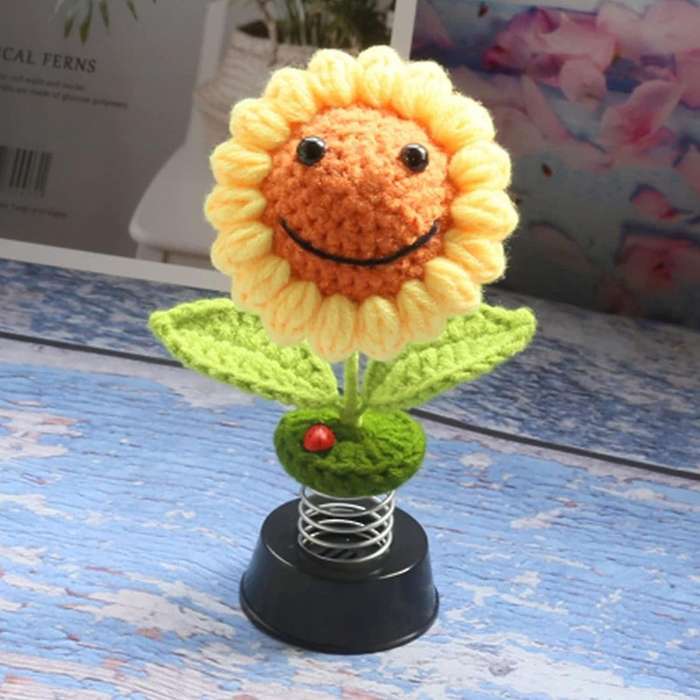 Sunflower Car Dashboard Decorations, Bobbleheads Knitted Flowers