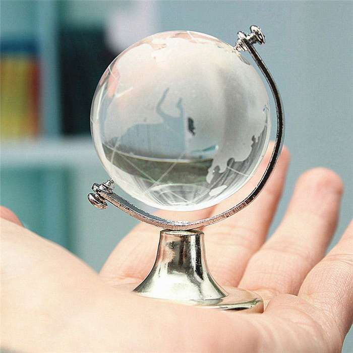 Crystal Glass Frosted World Globe Stand Paperweight Home Decorate