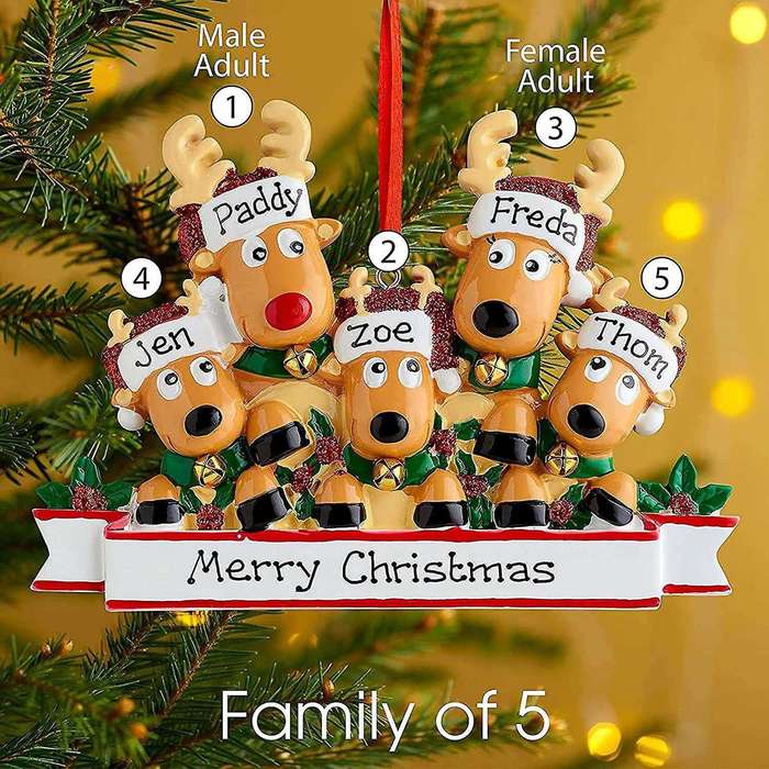 Personalized Deer Christmas Tree Ornament - Cute Deer (family Of 5)