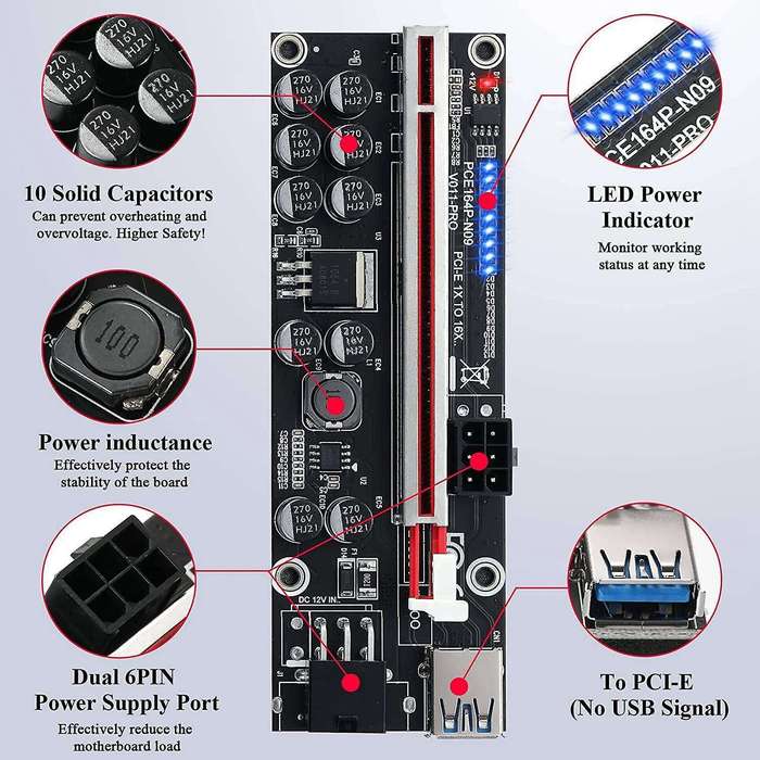 Pci-e 1x to 16x Riser Card for Bitcoin Mining Eth, (v011-pro,1 Pack)