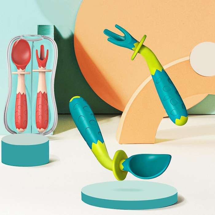 Flexible Training Baby Elbow Fork Spoon Set Portable Aoki Green