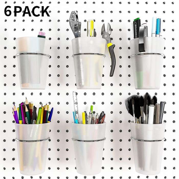 6 Sets Pegboard Bins with Rings Hooks with Pegboard Cups Transparent