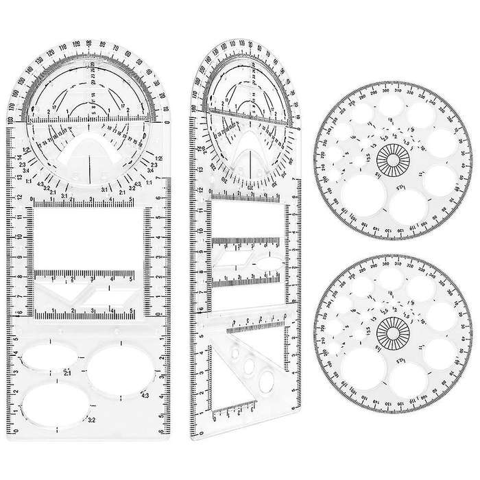 4 Piece Multifunctional Geometric Ruler Set, with 2 Circle Templates