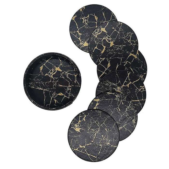 6pcs Pu Leather Marble Coaster Drink Coffee Cup Mat Round -3