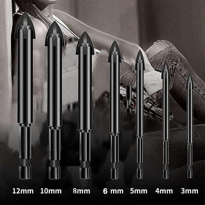 7 Piece Black Cross Triple-cornered Drill Bit Carbide Tip Spear Head