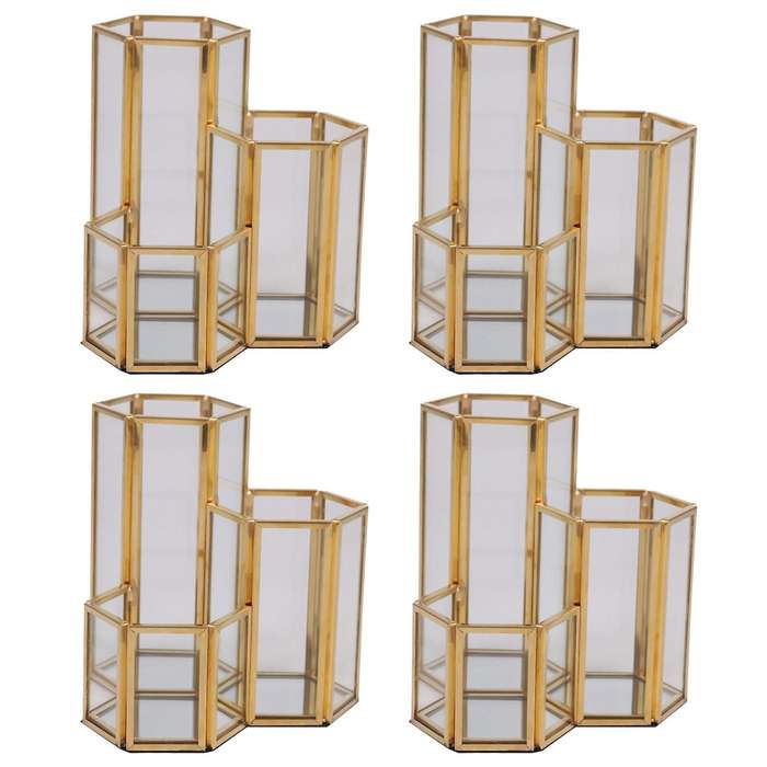 4x Glass Copper Hexagon Composite Pen Holder Makeup Brush Glass Box