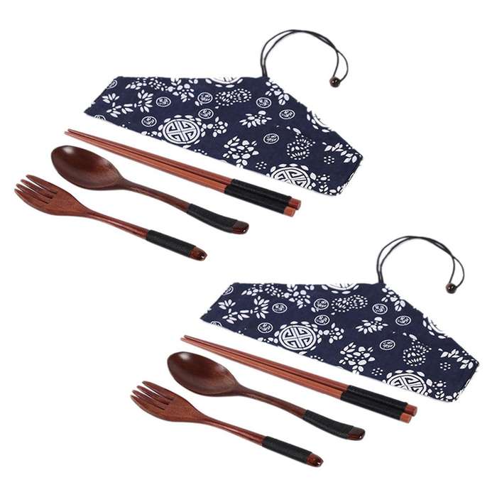 Vintage Wooden Chopsticks Spoon Fork 6pcs Set Western Tableware