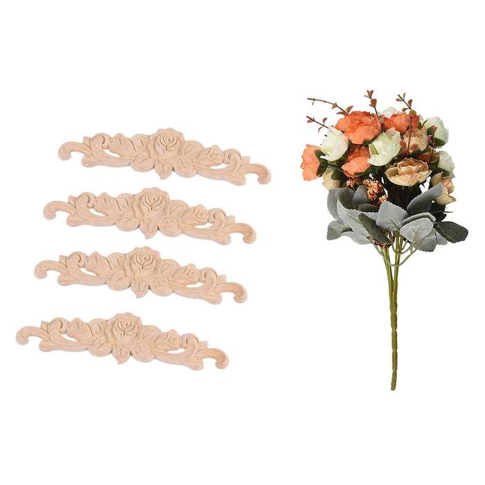 4pcs 20*5cm Rubber Wood Carved Long Onlay Applique