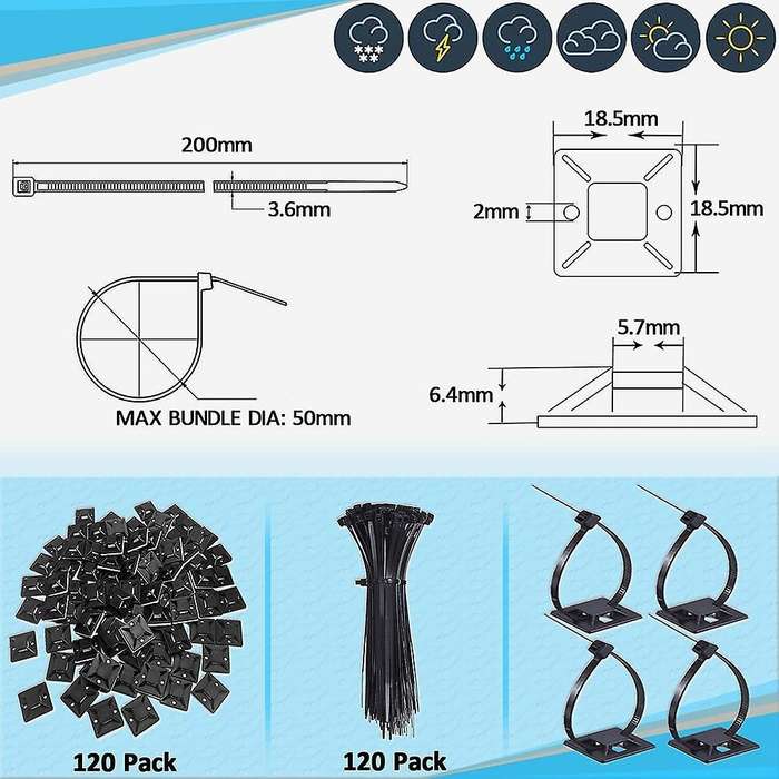 120 Pcs Black 8inch Zip Ties Cable Tie Holder, Cable Tie Holder