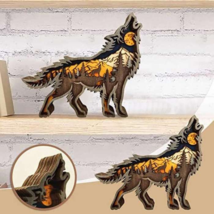 Multi-layer Wood Carving Forest Animal Wolf Wall Decoration