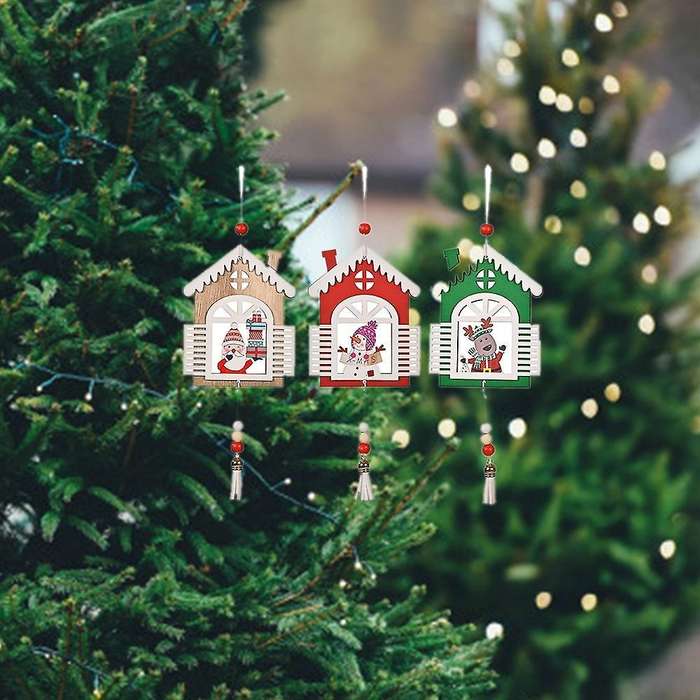 3pcs Christmas Tree Or Room Decoration Tassel House Wooden Pendant