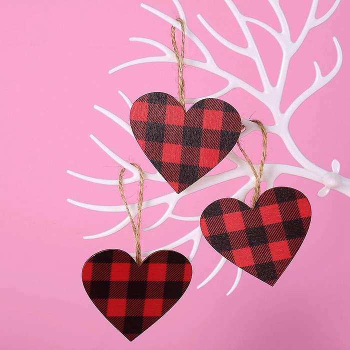 Red Buffalo Plaid Ornament Wooden Slice for Valentine's Day Decor