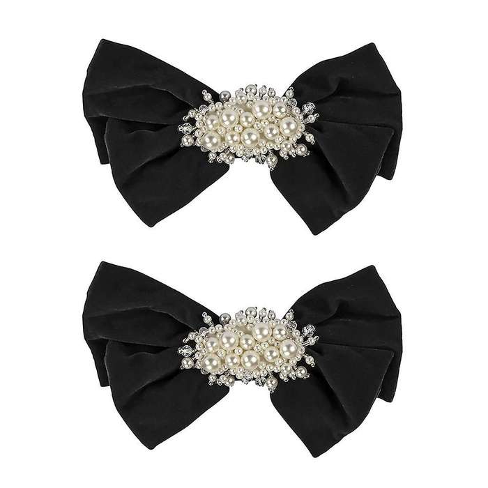 2pcs Bowknot Pearl Clip Headdress Sweet Girl Heart Hairpin (black)