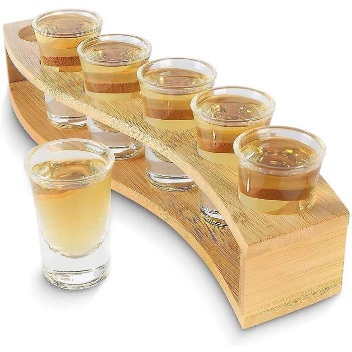 1oz/30ml Shot Glass Set Bamboo Shot Glass Holder, 6pcs Shot Glass Set