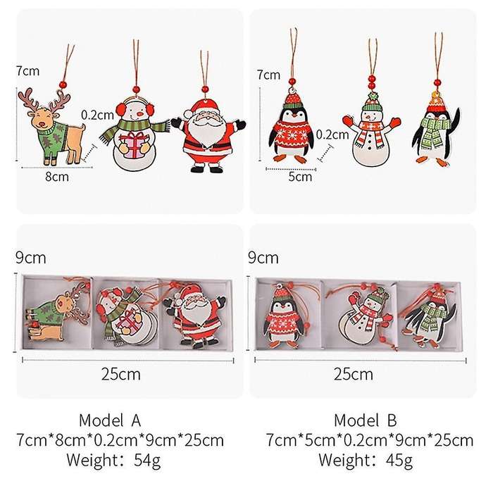 2 Boxes/12pcs Christmas Tree Decorative Wooden Pendant Santa Penguin