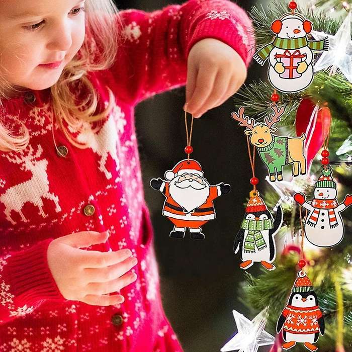 2 Boxes/12pcs Christmas Tree Decorative Wooden Pendant Santa Penguin