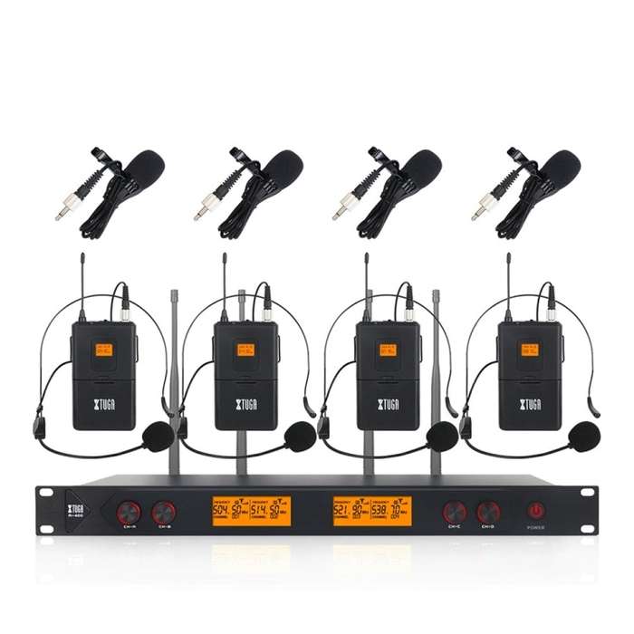 XTUGA A400-B Professional 4-Channel UHF Wireless Microphone System with 4 BodyPack Lavalier Heads...