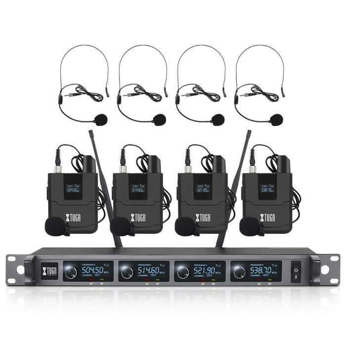 XTUGA A140-B Wireless Microphone System 4 BodyPack Headset Lavalier Microphone(EU Plug)