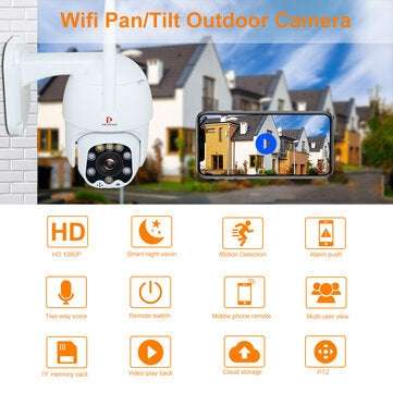 Pripaso 1080P Outdoor PTZ Wireless IP Camera TuyaSmart Mobile App with Two Way Audio CCTV Auto IR Ni