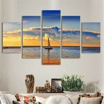 5Pcs Sunset Sailing Boat Canvas Print Paintings Wall Decorative Print Art Pictures Frameless Wall Ha