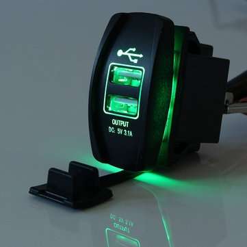 12V~24V Green LED Backlit Car Boat Dual USB Charger 5V 3.1A Output Rocker Switch