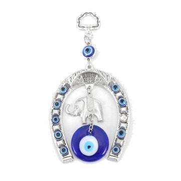 Turkish Blue Evil Eye Horseshoe with Elephant and Ribbon Wall Hanging Decorations