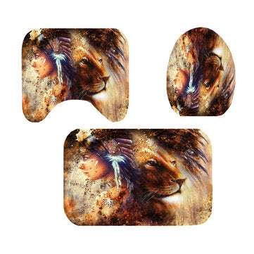 Queen Women Lion Printed Waterproof Shower Curtain Non-Slip Carpet Lid Toilet... (MAT PACKAGE: 3PCS)