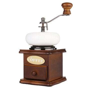 Retro White Ceramic Manual Coffee Bean Grinder Wooden Nut Mill Cafe Hand Grinding Tool