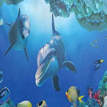 Dolphin Ocean Bathroom Shower Curtain Bath Mat Toliet Pedestal Rug Pad Cover