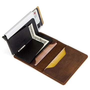 CONTACTS RFID Portable Auto Pops Up Business Card Holder Wallet Crazy Horse Leather Vintage Name Car