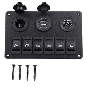 6 Gang Blue LED Rocker Switch Panel Car Marine Boat Circuit Dual USB Waterproof